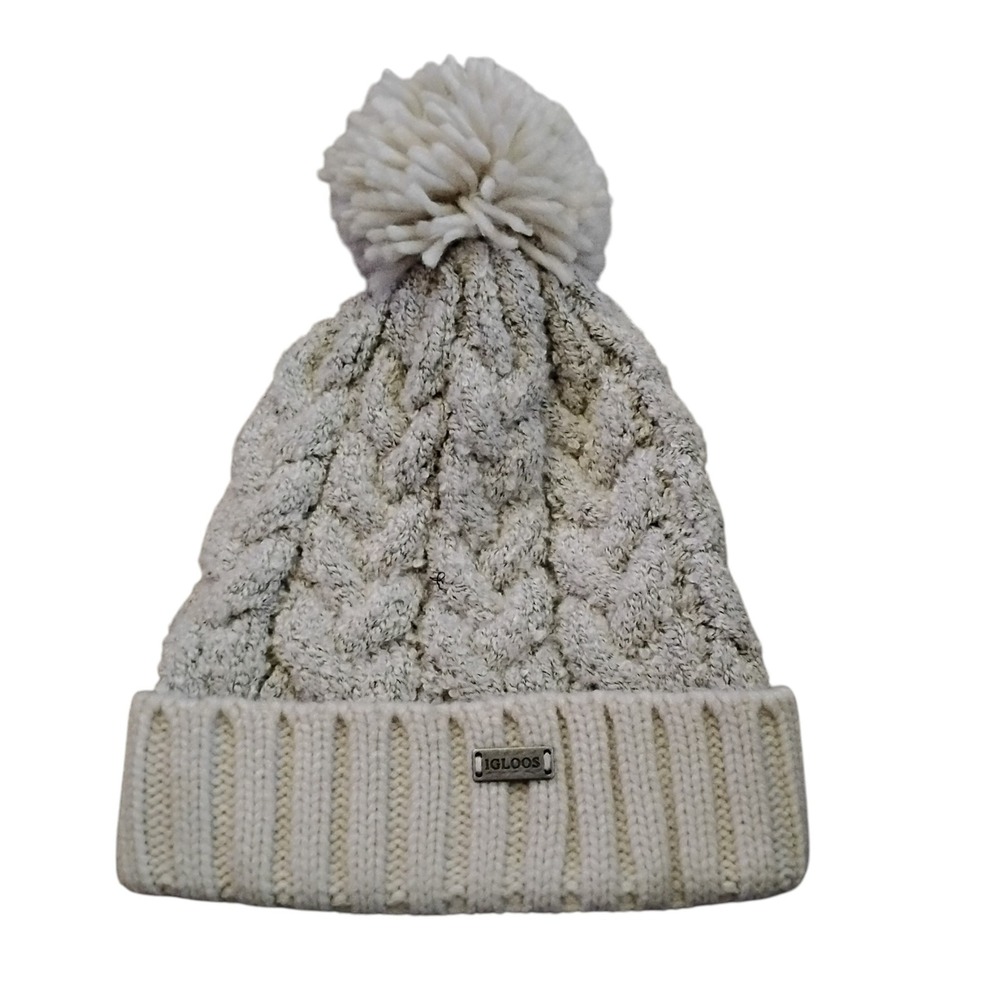 Igloos Cream Cable Knit Pom Pom Beanie Hat Ribbed Cuff Winter Cap Oatmeal